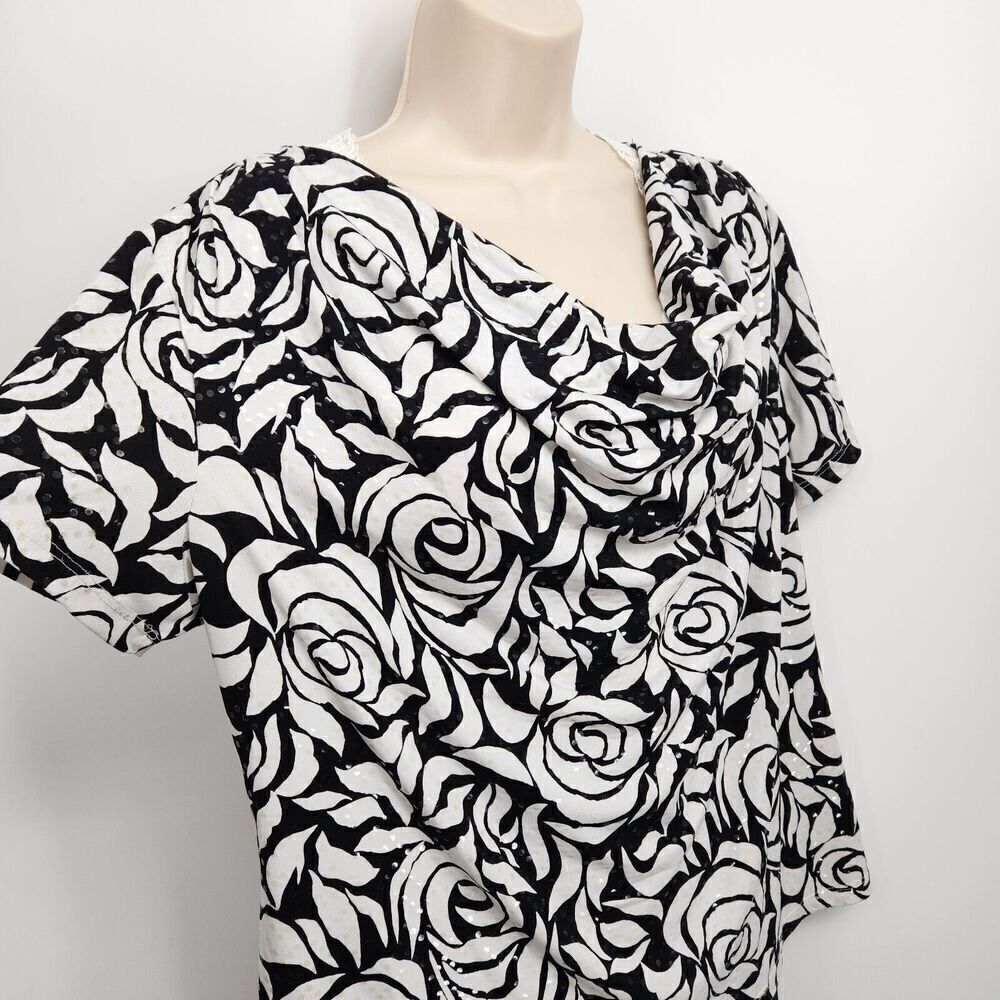 MSK Pullover Top Women's Size XL Blk & White Floral Short Sleeve Draped Neck - Picture 2 of 9